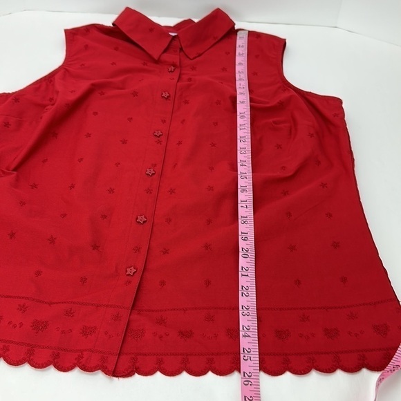 Cascade Blues Red Sleeveless Eyelet Button Shirt 1X Star Embroidery and Buttons - Picture 11 of 12